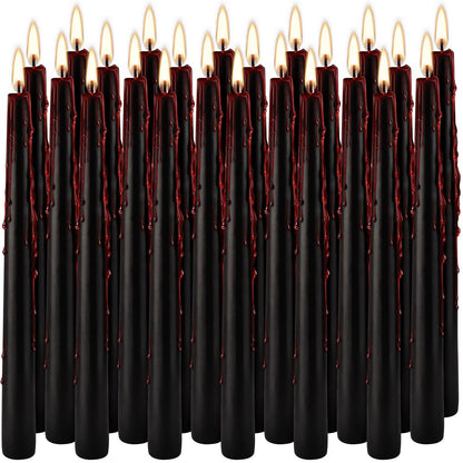 24 Pack Vampire Tears Taper Candles, 10 inch Tall Bleeding Candles, Unscented Black Tapered Candlesticks, Spooky Blood Drip Candle Set for Halloween Party Gothic Home Decorations