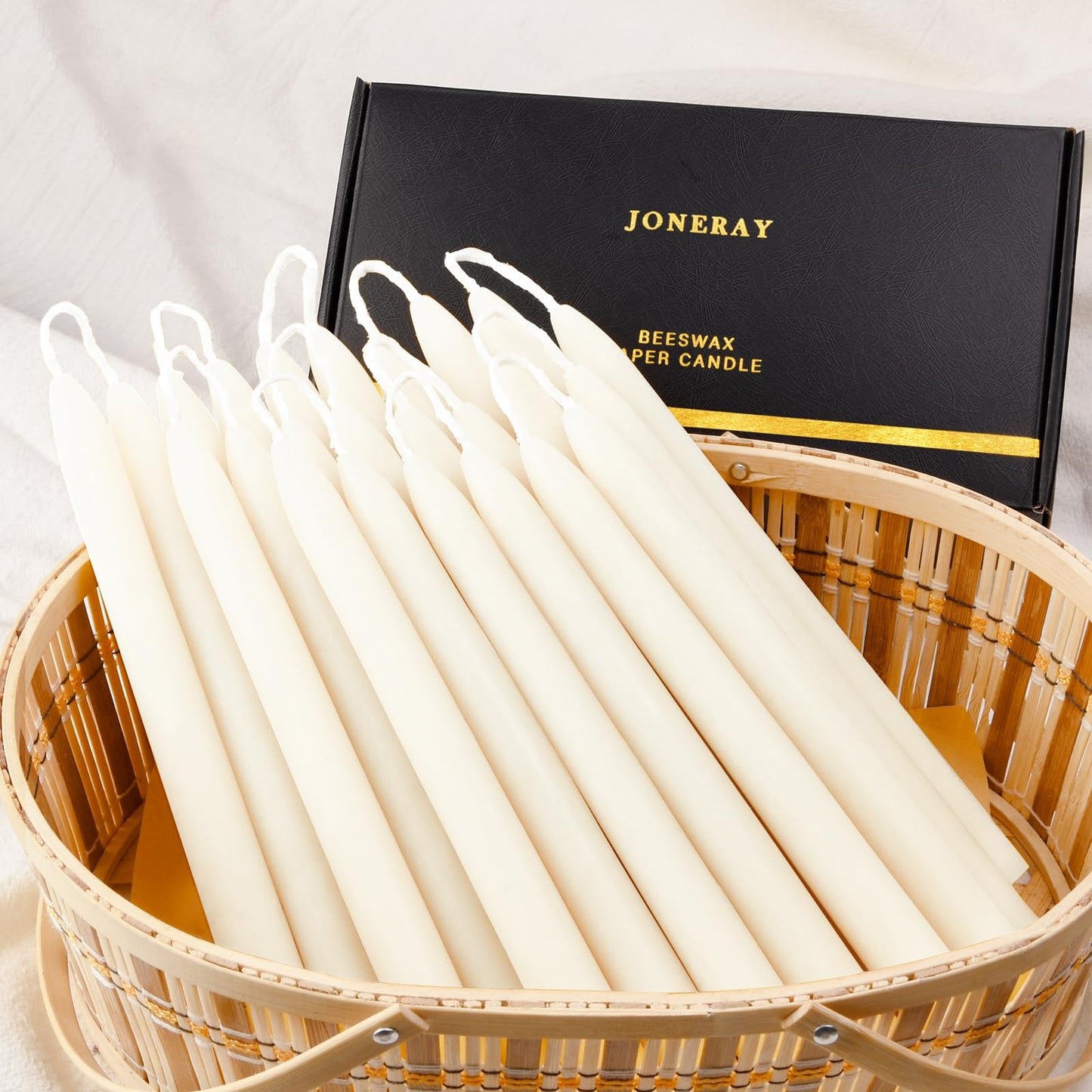 JONERAY Ivory Beeswax Taper Candles, Unscented and Smokeless Taper Candles, 8-inch Pure Natural Bees Wax for Holiday, Birthday (Pack of 24)
