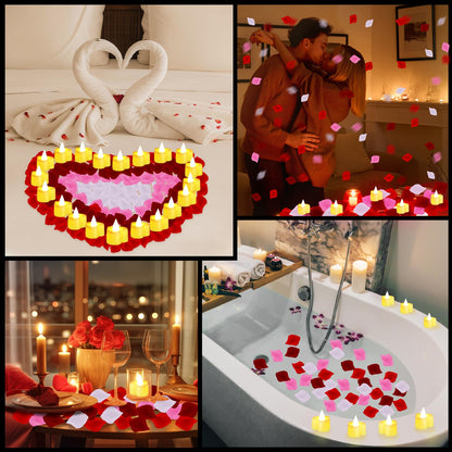 Honoson 1000 Pieces Artificial Rose Petals with 24 Pcs Flameless Heart Shaped LED Tealights Candles Special Romantic Night Decorations for Proposal Wedding Anniversary Table Decor(White with Yellow)