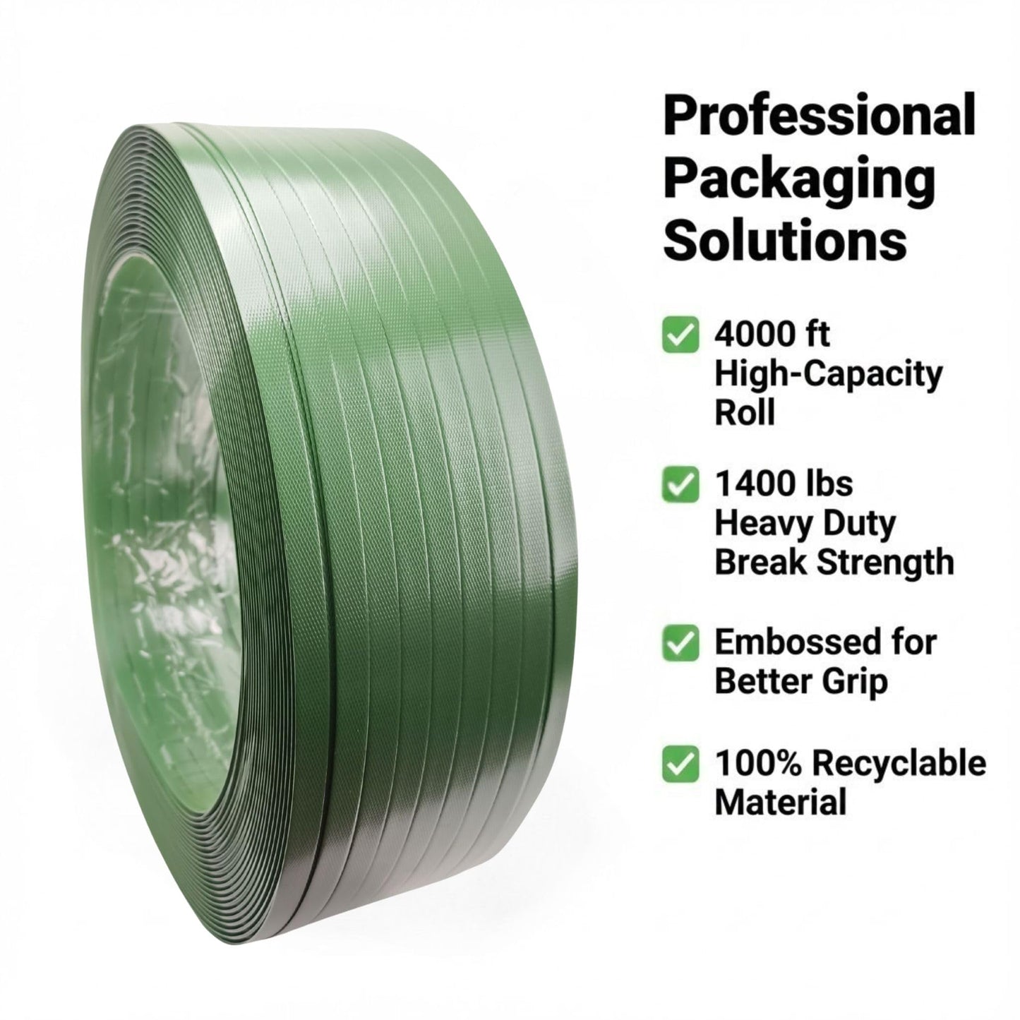 Polyester PET Strapping Roll 5/8" x 0.035" x 4000' – Heavy Duty Green Packaging Banding Strap, 1400 lbs Break Strength, UV & Water Resistant, Lightweight Poly Strapping Coil with 16" x 6" Core