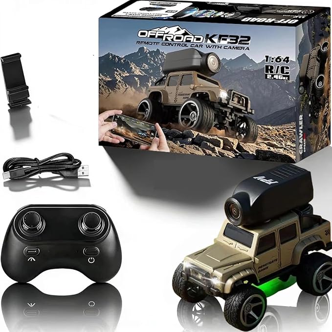 1:64 Scale 4WD Alloy Mini RC Crawler Car with FPV Camera 2.4GHz RTR Off-Road Mini Desktop RC Drift Car with LED Lights Adjustable Speed Dual Mode Model Vehicle Toy Gift for Adults Kids