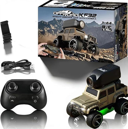 1:64 Scale 4WD Alloy Mini RC Crawler Car with FPV Camera 2.4GHz RTR Off-Road Mini Desktop RC Drift Car with LED Lights Adjustable Speed Dual Mode Model Vehicle Toy Gift for Adults Kids