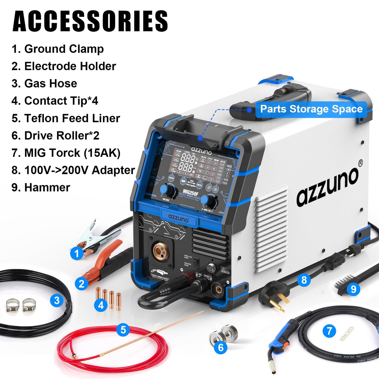 AZZUNO Aluminum 250A MIG Welder & .030" 2LBS Solid MIG Welding Wire, 6 in 1 Gas MIG/Gasless Flux Core/Stick/Lift TIG/Spot Welding/Spool Gun Compatible Welding Machine 110V/220V Large LED Display Multi
