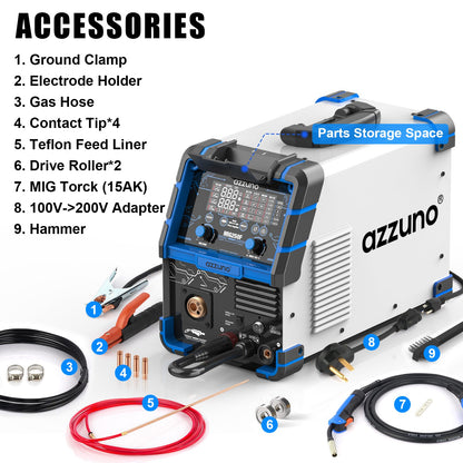 AZZUNO Aluminum 250A MIG Welder & .030" 2LBS Solid MIG Welding Wire, 6 in 1 Gas MIG/Gasless Flux Core/Stick/Lift TIG/Spot Welding/Spool Gun Compatible Welding Machine 110V/220V Large LED Display Multi