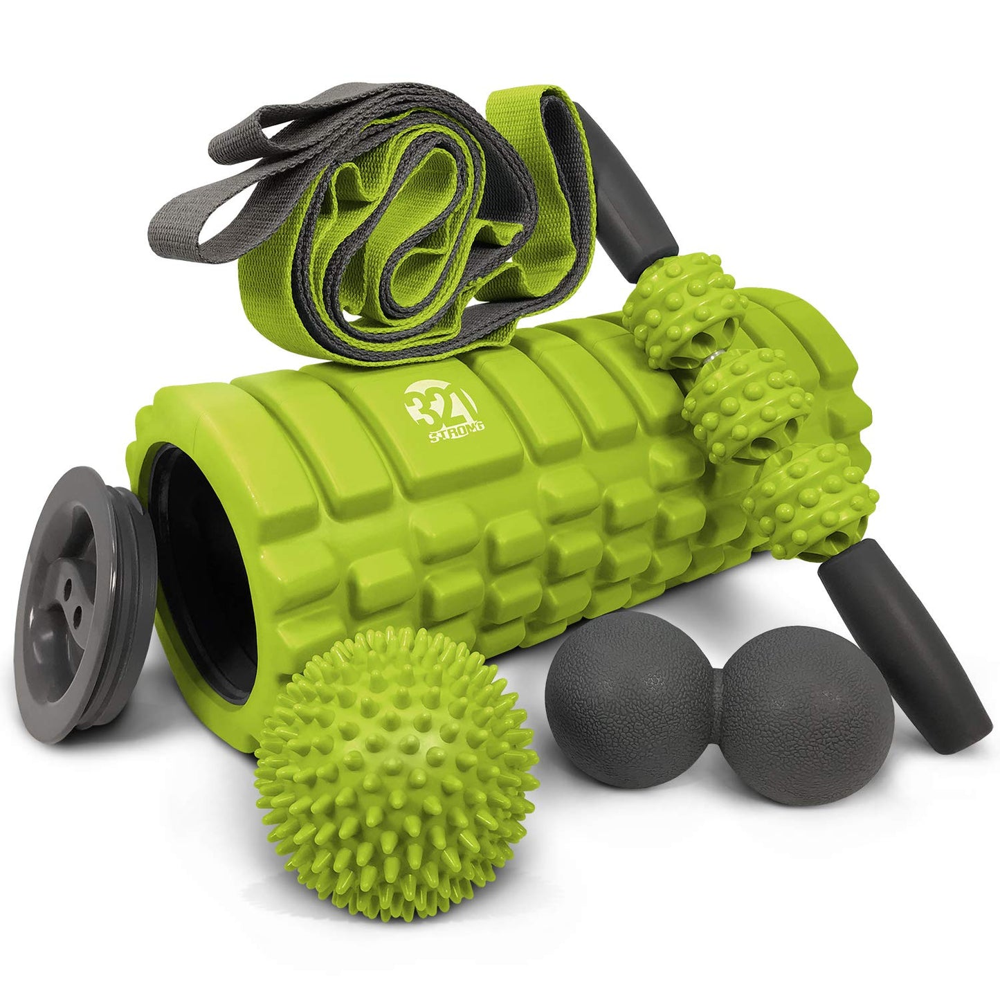 321 STRONG 5 in 1 Foam Roller Set with Hollow Core Deep Tissue Massager, Muscle Roller Stick, Stretching Strap, Spikey Plantar Fasciitis Ball, and Carry Bag, with 4K eBook