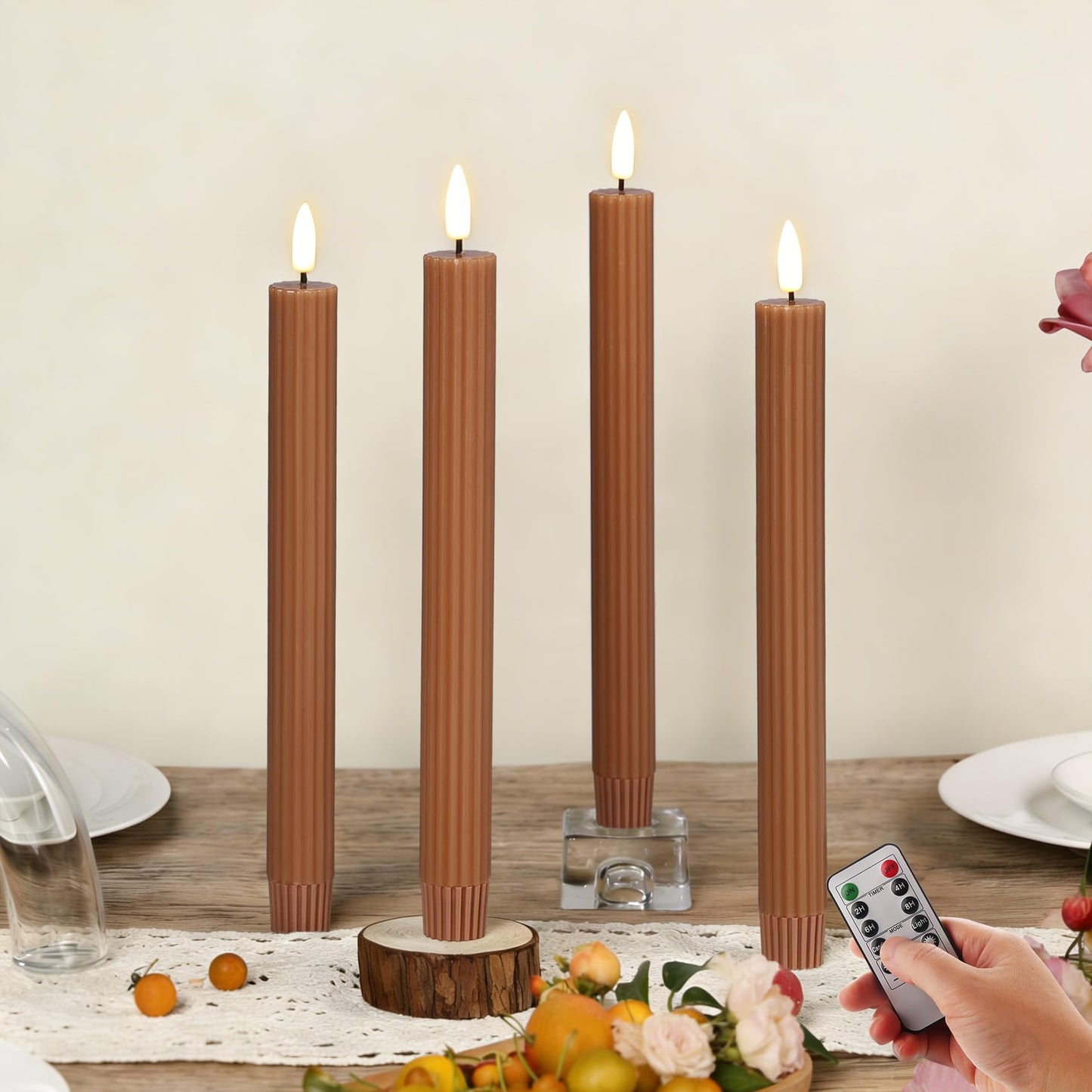 Girimax Brown Ribbed Fluted Flameless Taper Candles with Remote, Flickering Battery LED Wax Candlesticks Wedding Table Decor Set of 4