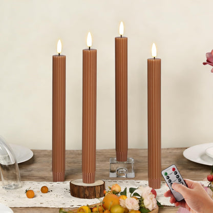 Girimax Brown Ribbed Fluted Flameless Taper Candles with Remote, Flickering Battery LED Wax Candlesticks Wedding Table Decor Set of 4