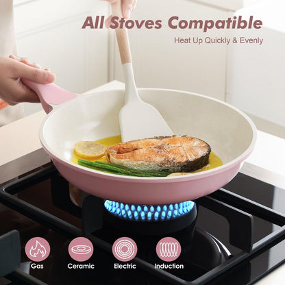 SENSARTE Nonstick Ceramic Frying Pan with Lid 11 Inch Omelet Pan Skillet, Free of Intentionally Added PFAS/PTFE Non-toxic Chef's Pan Induction Compatible Pan, Heat Resistant Handle, Sakura Pink