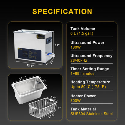 6L Ultrasonic Cleaner, One-Touch Cleaning, Heating, Dual-Frequency, Sweep Frequency, Touch Ultrasonic Cleaning Machine for Labs,Carburetor,Jewelry,Dentures,Automotive Parts