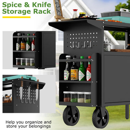 Eltean Grill Table,Outdoor Grill Cart with Storage,Outdoor Kitchen Island with Wheels,Foldable Tabletop for Prep,Patio BBQ(Metal)