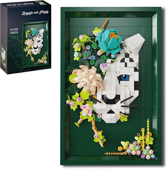 Leopard &amp Flowers Photo Frame Building Block Set 3D Wall Decor Puzzle Toy for Adults Creative Floral Animal Ornament.Ideal Gift Toy for Adults &amp Teens.