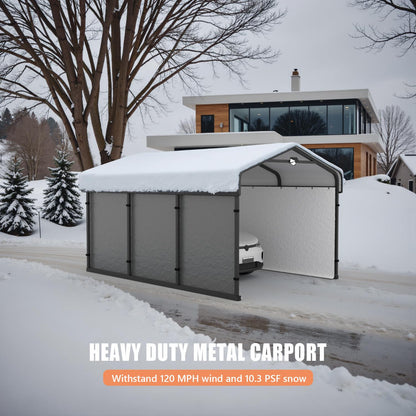 Benass 10x15FT Heavy Duty Metal Carport, Galvanized Steel Roof Portable Garage with PE Sidewalls, 2x2 Reinforced Square Tube Frame, All-Weather Waterproof Shelter for Car, Truck, Boat