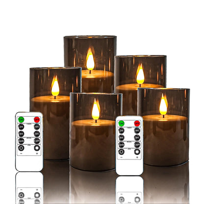 NICEME Gray Flickering Flameless Candles, Battery Operated Acrylic LED Pillar Candles with Remote Control and Timer Flameless Halloween Candles for Christmas New Year Home Decor, Set of 5