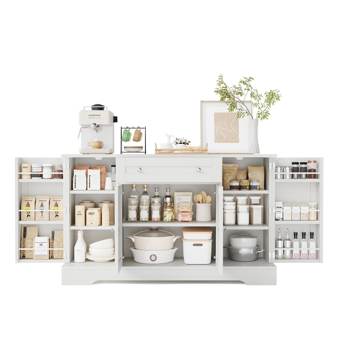 Garvee Sideboard Buffet Cabinet with Storage, Modern Wooden Credenza Storage Cabinet with Drawer and 4 Doors, Freestanding Coffee Bar for Living Room, Kitchen, Dining Room, White