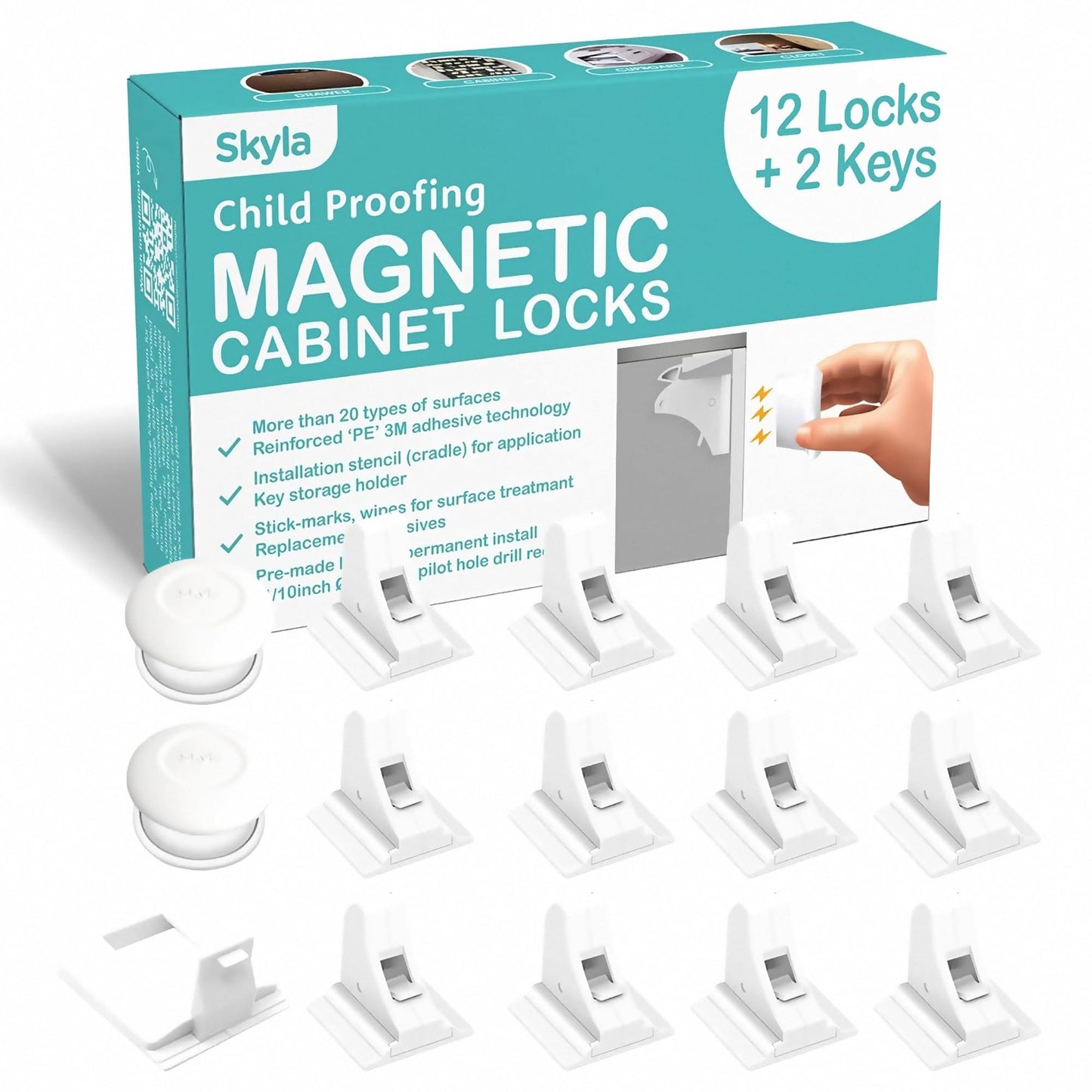 Skyla Homes Magnetic Cabinet Locks Baby Proofing Child Safety - The Safest Quickest and Easiest Multi-Purpose 3M Adhesive Child Proof Latches, No Screws or Tools Needed (12 Pack)