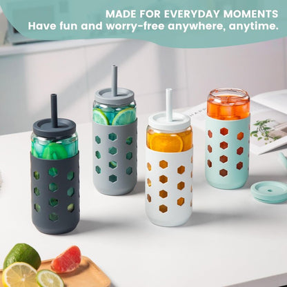Mrsdry Glass Cups with Lids and Straws (4 Pcs), 20oz Drinking Glasses Set with Silicone Sleeves for Coffee Bar Accessories Iced Coffee Cups with Lids, Glass Tumbler Reusable for Gifts