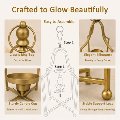 12.5" & 16.5" Timeless Cozy Decorative Lanterns Set of 2, Handcrafted Metal Iron Candle Holders, Farmhouse Elegance Fireplace Mantel Table Festive Gatherings Decor (Antique Gold)