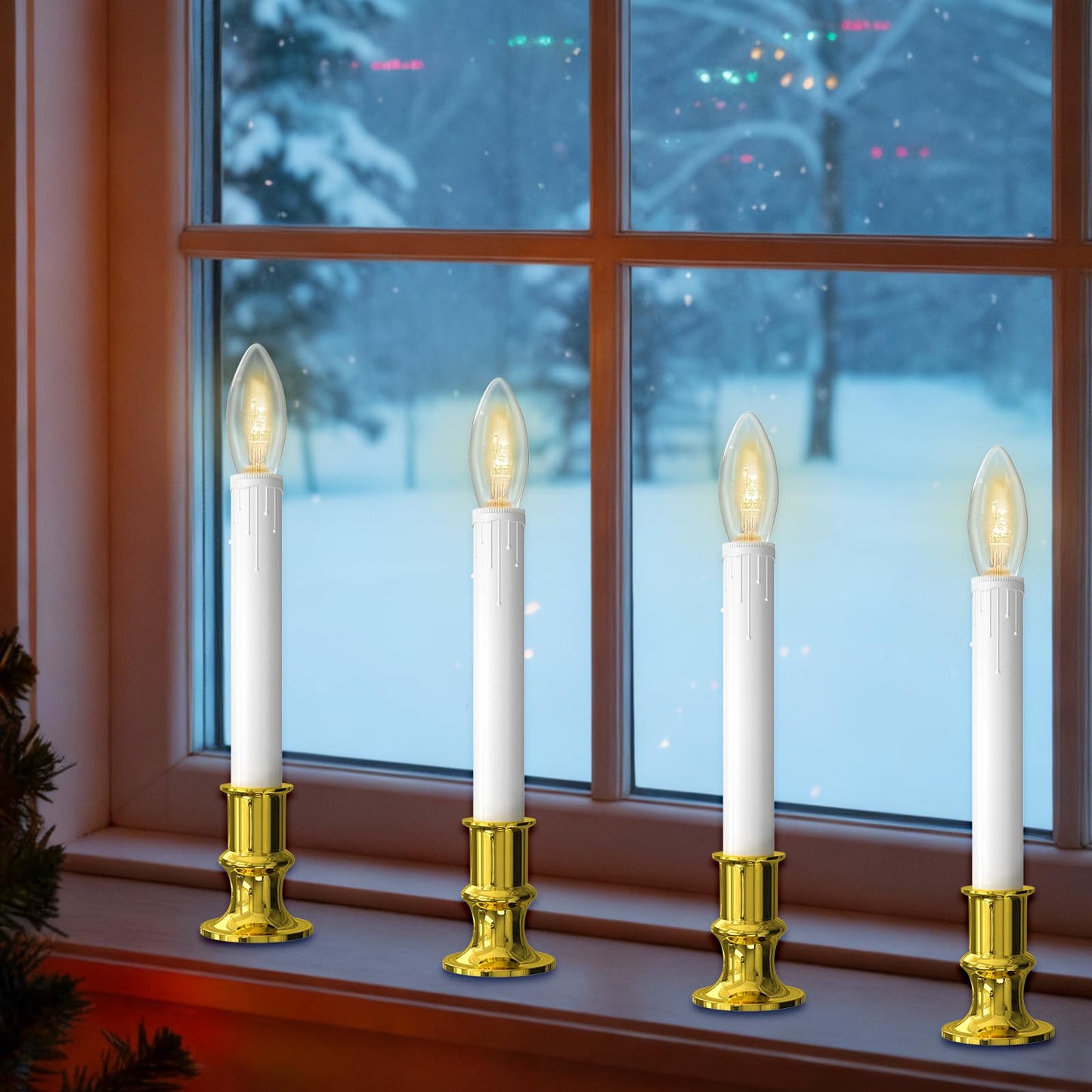 SUNSGNE Battery Operated Window Candles, Flameless Window Candles with Auto Timer for Holiday Home Table Christmas Decor, C26 LED Ultra-Bright Bulbs, 4 Pack, Gold Base