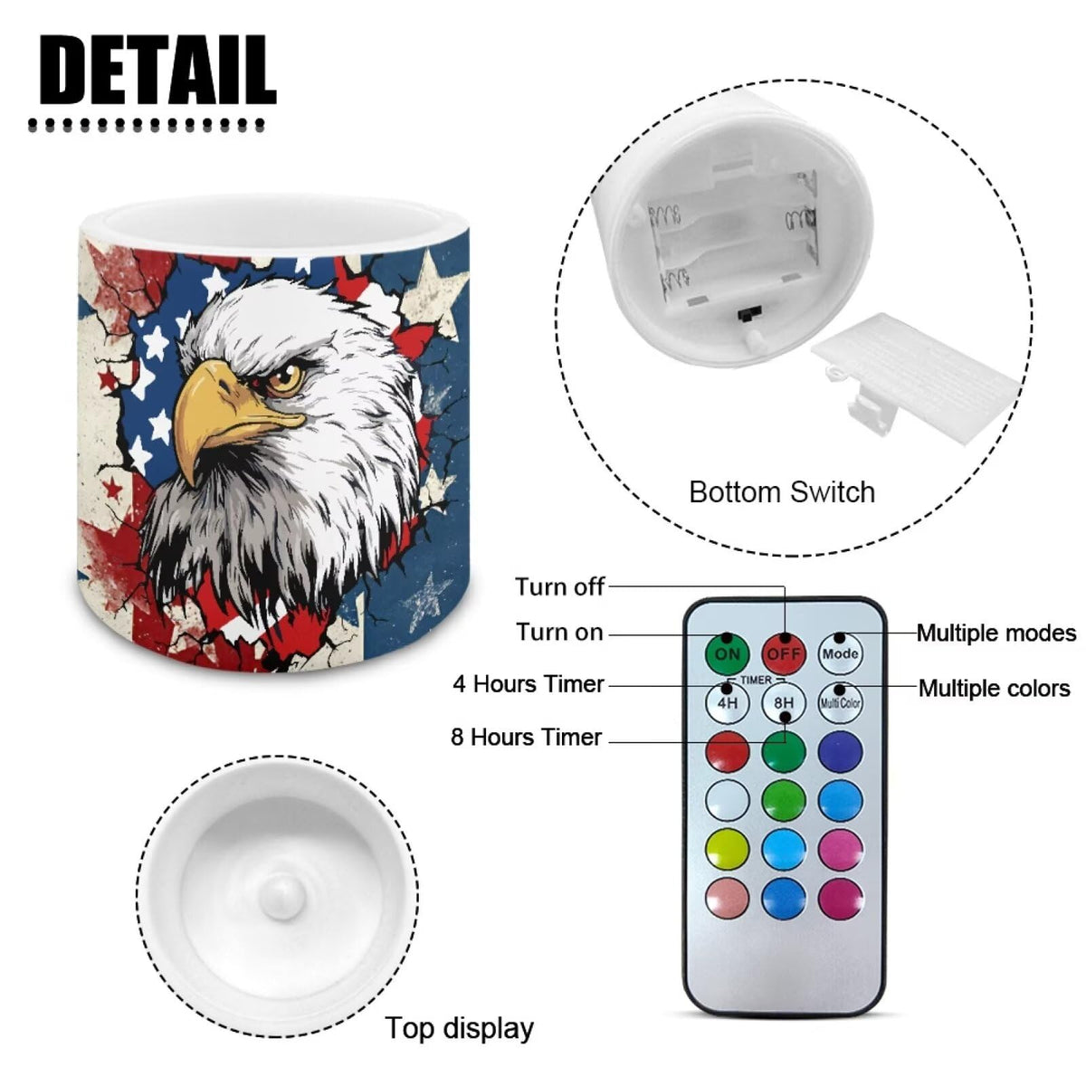 NETILGEN American Flag Eagle Daisy 3 inch Flameless LED Candles with Remote Timer Set of 4 July 4th Independence Day Decor Realistic Flickering Flameless Candles with Battery Powered