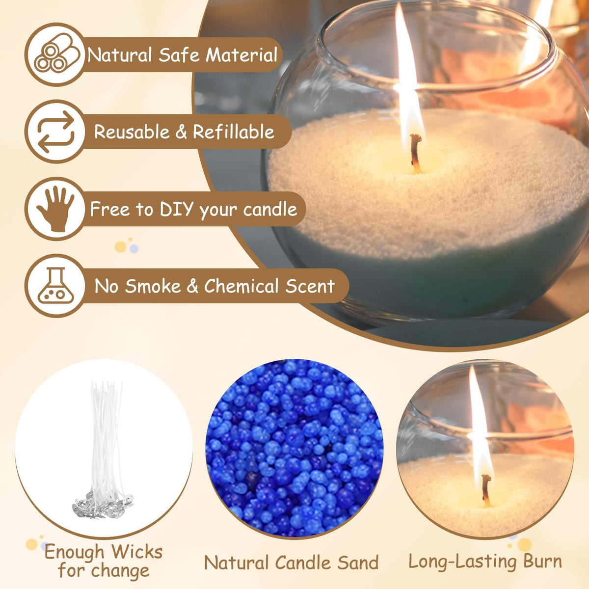 MECCANIXITY Pearled Sand Candles with 30 Pcs Wicks 14Oz / 400g Candle Beads Refillable Powder Sand Wax Making Kit for Thanksgiving Christmas Wedding Party DIY Home Crafts, Bright Blue
