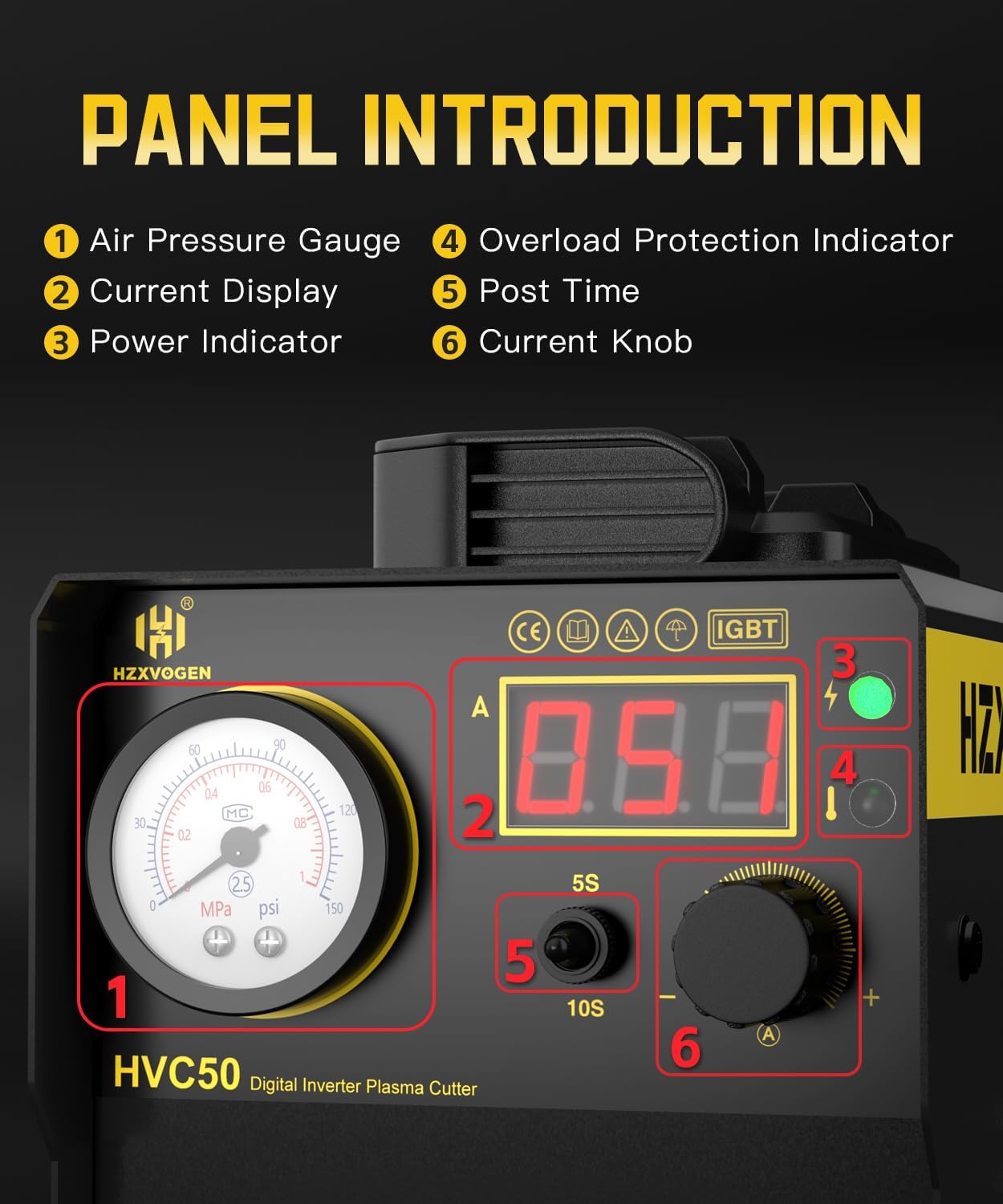 H HZXVOGEN Plasma Cutter with 400A G Style Earth Clamp, 50A Portable Plasma Cutter with Post Flow, 110/220V Dual Voltage Digital Display DC IGBT Inverter HF Air Plasma Cutting Machine