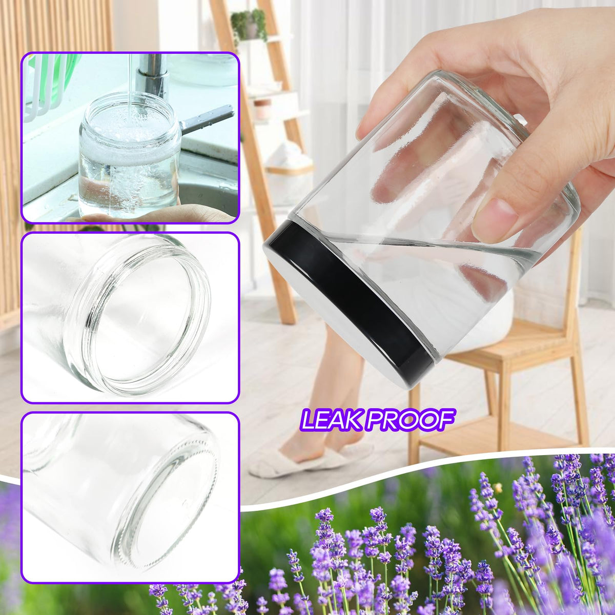 3 Pack Clear Glass Jars with Lids, 4 oz, 2 oz & 1 oz Thick Cosmetic Jars with Inner Liners, BPA Free Leak-Proof Refillable Containers for Lotion, Candle Making, Cream, Scrubs, Travel