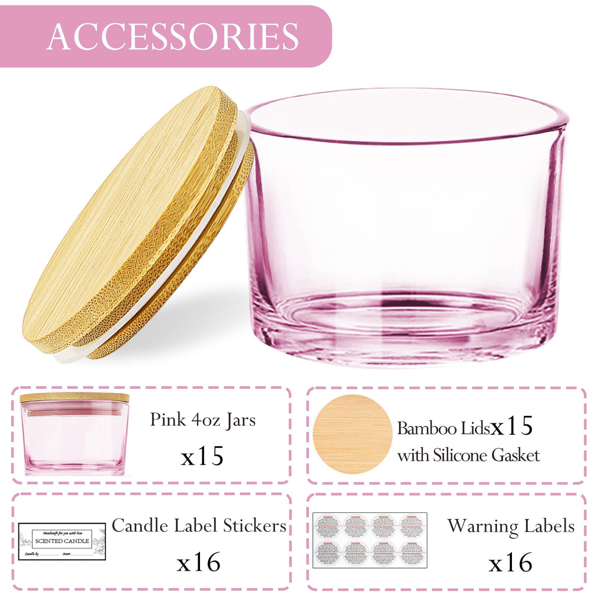 CONNOO 15 Pack 4 OZ Pink Glass Candle Jars with Airtight Bamboo Lids for Making Candles, Bulk Small Wide Mouth Empty Candle Containers with Sticky Warning Labels - Dishwasher Safe