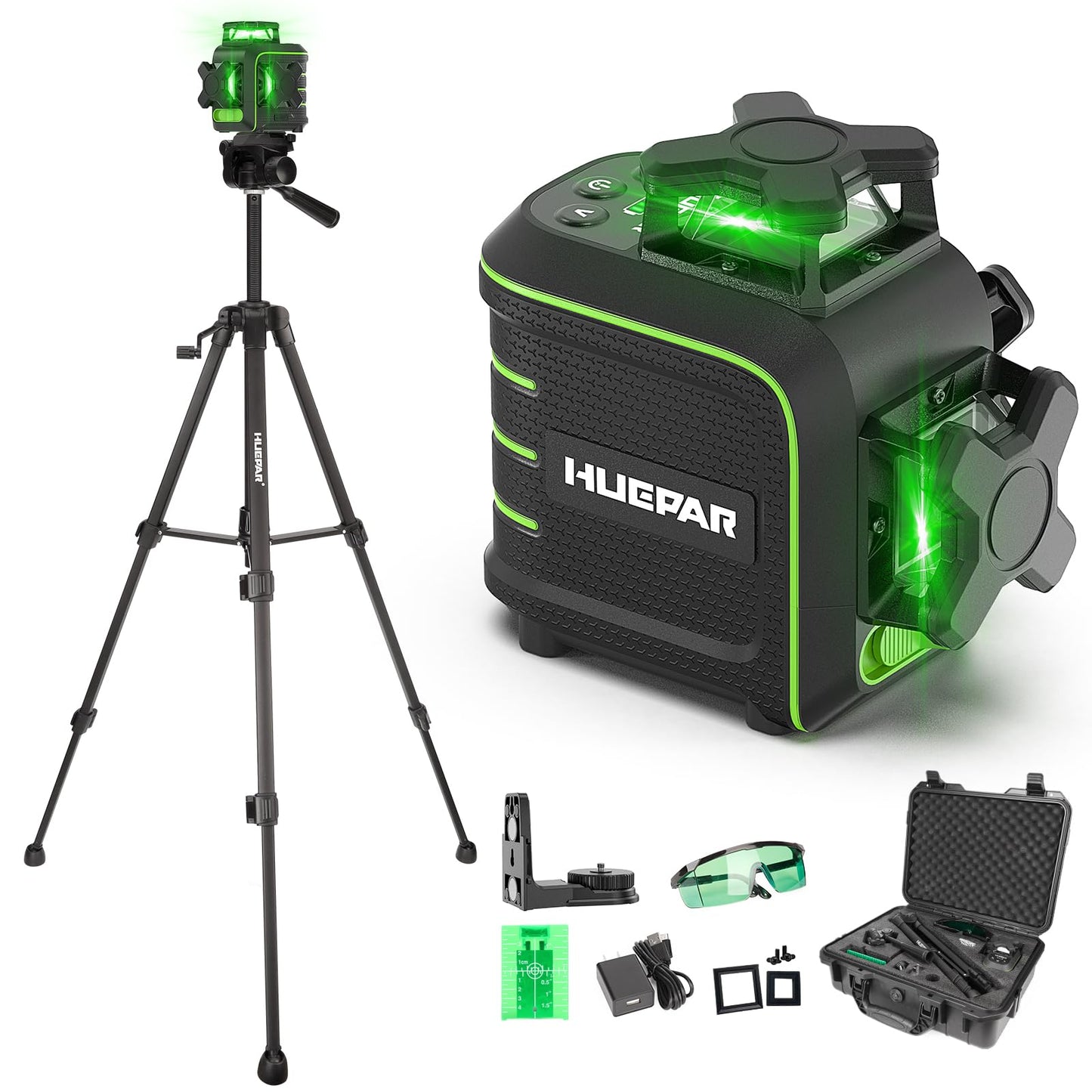 Huepar 360 Laser Level with Tripod, 60-Inch Drop Protection Self-Leveling Green Lazer Leveler Tool for Picture Hanging, Pulse Mode Adjustable Brightness, Hard Case, Green Glasses & Target Plate