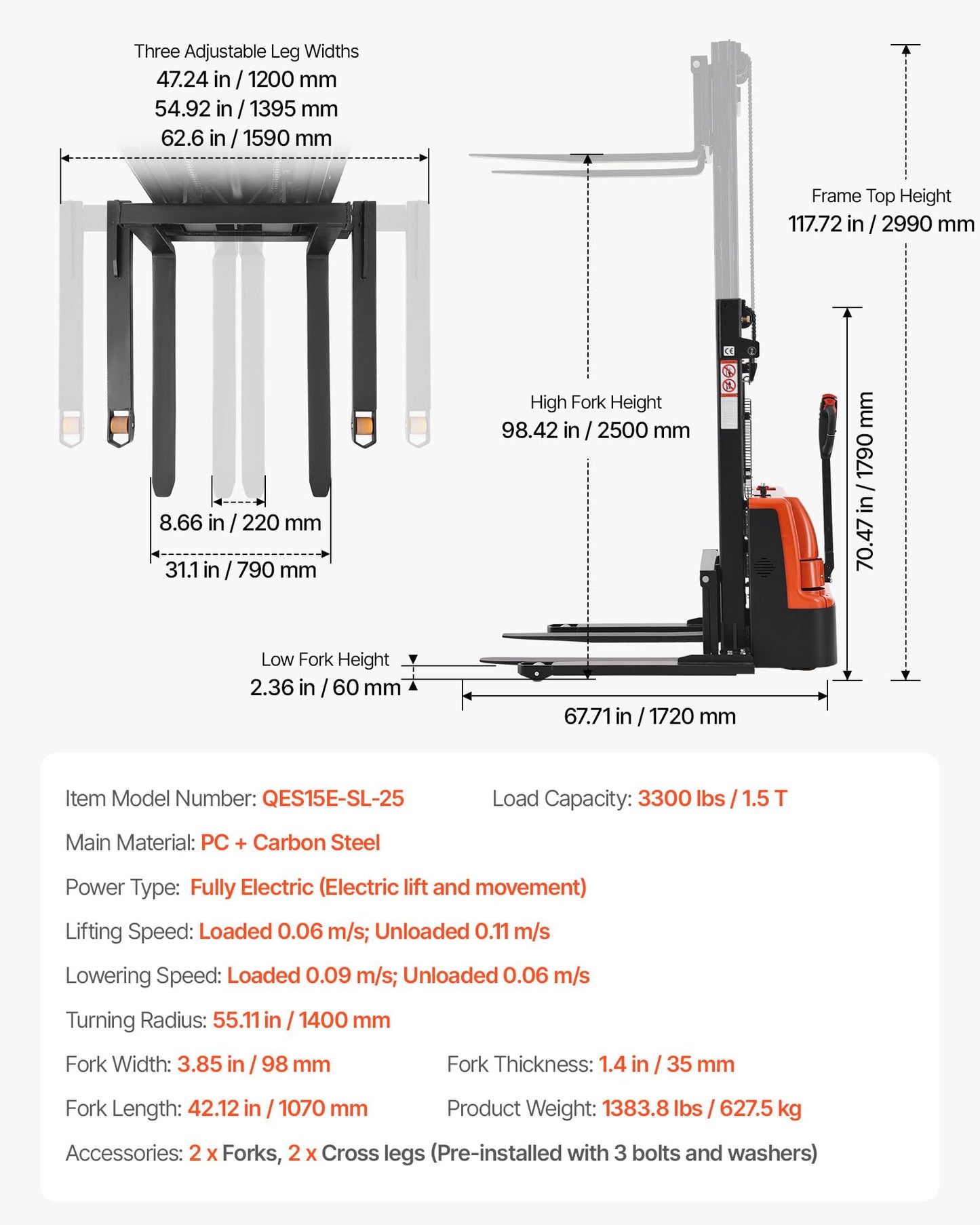 VEVOR Full Electric Pallet Stacker, 3300 lbs Capacity, 98.4'' Lifting Height, Pallet Lift Stacker Forklift with Straddle Legs & Forks, 8.66-31.1 Inches Adjustable Fork Width, Orange & Black