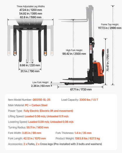 VEVOR Full Electric Pallet Stacker, 3300 lbs Capacity, 98.4'' Lifting Height, Pallet Lift Stacker Forklift with Straddle Legs & Forks, 8.66-31.1 Inches Adjustable Fork Width, Orange & Black