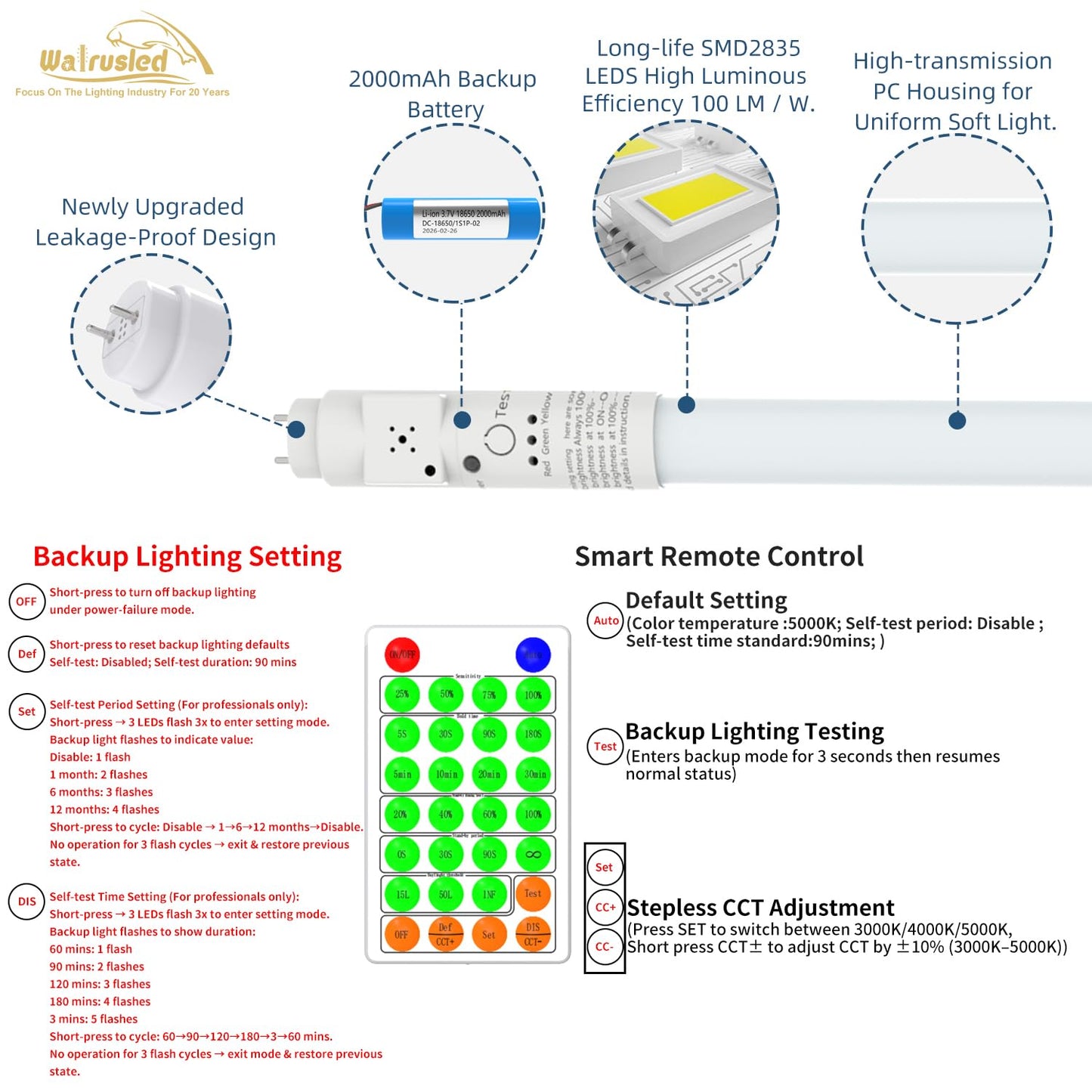 T8 LED Emergency Tube Light 4FT with Battery Backup,Remote,Dimmable,IP4X,CCT,10W,Fluorescent Tube Replacement 4 Foot,120min Emergency 3W 300LM Output Lighting,Ballast Bypass,Double Ended,Type B,2-Pack