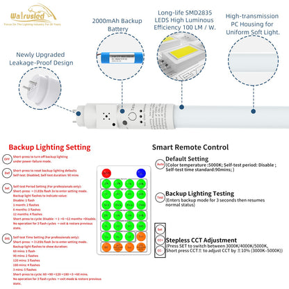 T8 LED Emergency Tube Light 4FT with Battery Backup,Remote,Dimmable,IP4X,CCT,10W,Fluorescent Tube Replacement 4 Foot,120min Emergency 3W 300LM Output Lighting,Ballast Bypass,Double Ended,Type B,2-Pack