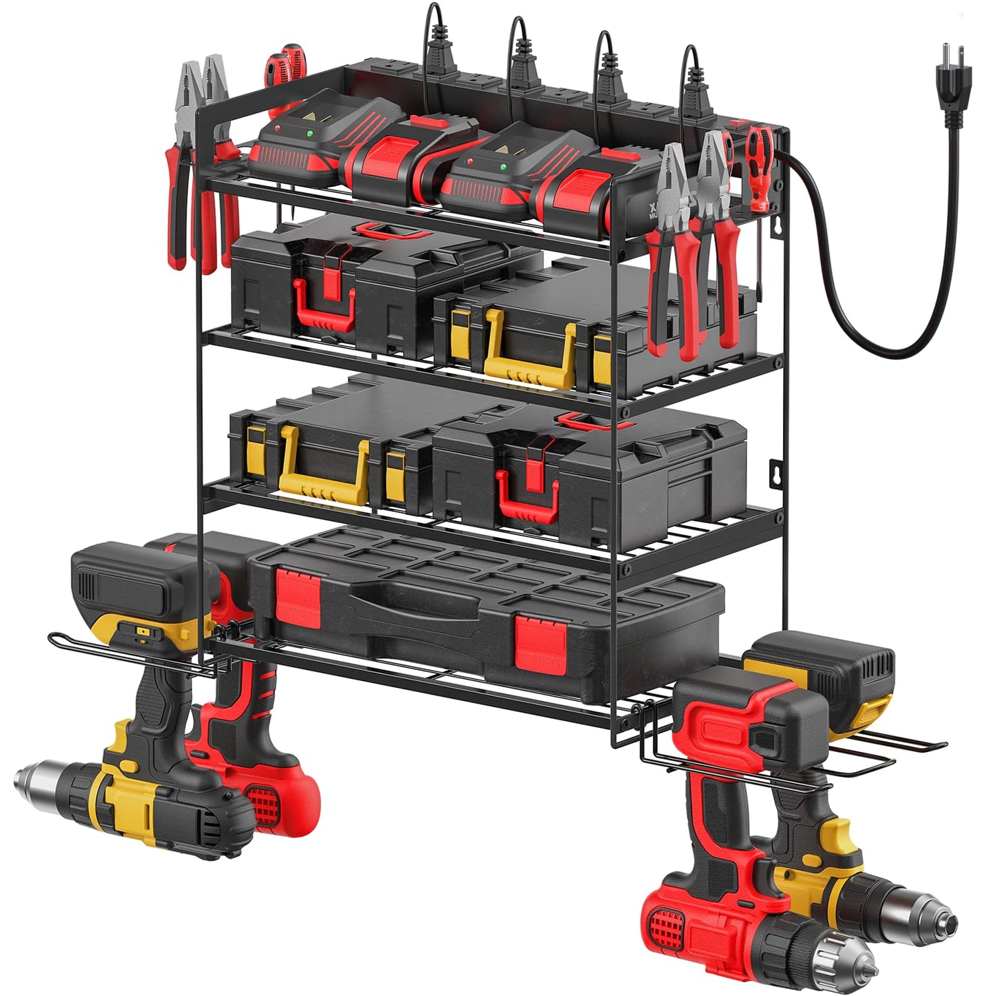 CCCEI Garage Tools Storage with Charging Station. Power Tool Battery Organizer Utility Shelf with Power Strip. 4 Drills Holder Wall Mount Rack, Black 4 Layer.