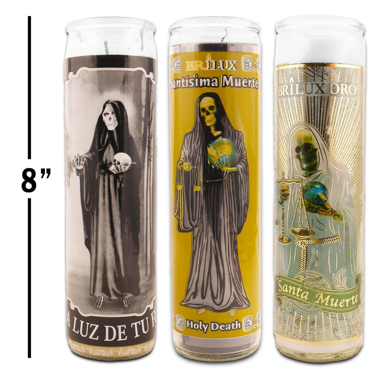 3 Pack Santa Muerte 8 Inch Black and White Religious Candles - 3 Holy Death Candles for Vigils, Prayers, Blessing Ceremonies, and More | Santa Muerte Devotional Candles