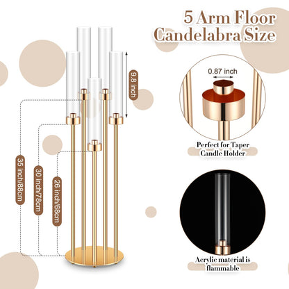 Tandefio 8 Pcs Acrylic Candelabra Centerpieces 35" Tall Clear Candle Holders Pillar Taper Candlestick with Lampshades 5 Arm Floor Candelabra Stand for Wedding Christmas Ceremony Dinner Party