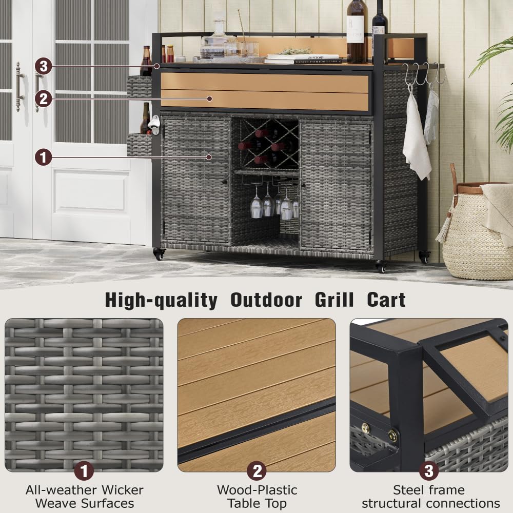 Dfchlda 52.8" Wicker Outdoor Grill Cart with Extended Plastic Wood Table Top, Rolling Kitchen Island with Storage Cabinet, Double Handle Design for Patio, Backyard, Garden, Poolside(Grey)