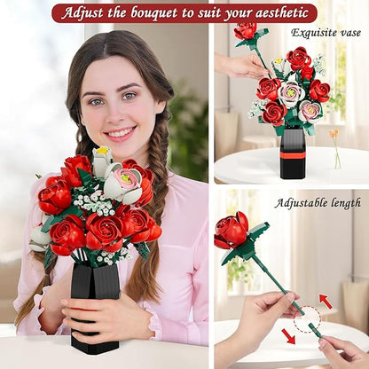 Flower Bouquet Building Set Artificial Roses Toy Building Set with Vase Building Blocks Flower Brick Toys for Home Office Decoratin Christmas Mother's Day or Valentine's Gifts 841 PCS