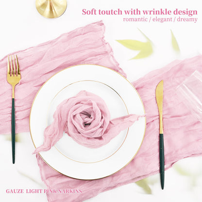 96 Pcs Light Pink Gauze Cheesecloth Napkins, 20 x 20 Inch Wrinkled Rustic Boho Dinner Napkins for Wedding,Dinner,Family Everyday Use/Parties