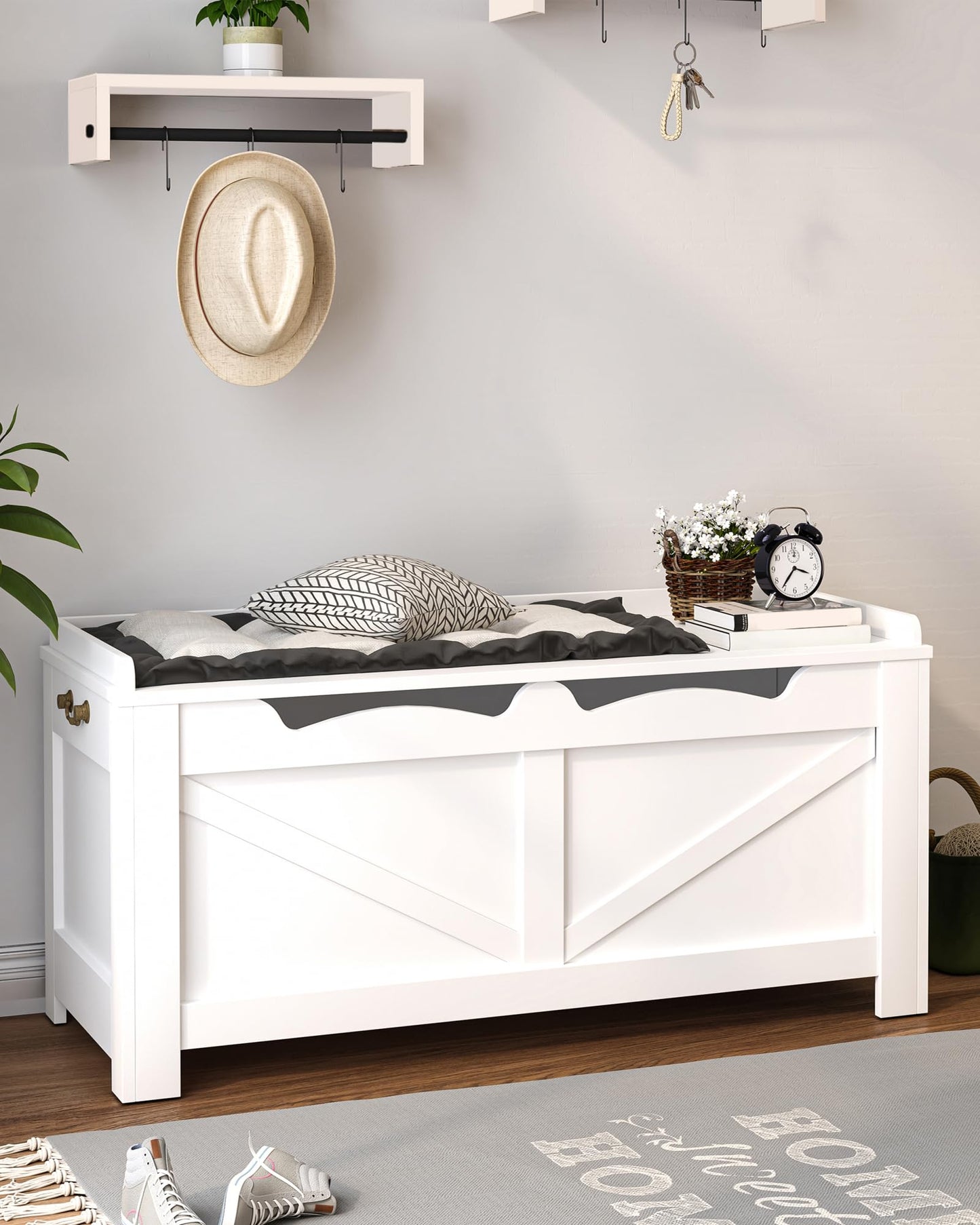 Hzuaneri 39.4" Storage Chest, Extra Large Storage Trunk with 2 Hinges, Wooden Box Bench, Lift-Top Organizer Chest, Shoe Bench for Entryway, Bedroom, Living Room, White SB04503X