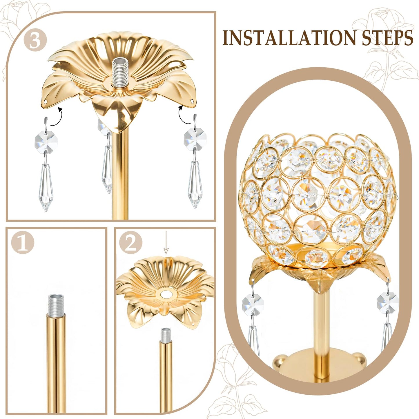 5 Pcs Metal Flower Candle Holder Leaves, 4.3 Inch Metal Candle Stand Accessories with 3 Hanging Holes for Crystal Pendants, Suitable for Candlesticks and Candelabra (Gold, 3.9"-5pcs)