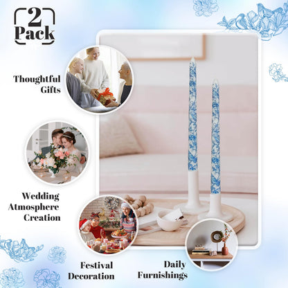 Blue and White Porcelain Taper Candles 10 Inch Print Candle Handmade Unscented Mandarin Duck Long Candles 2 Pack Candlesticks for Wedding Home Decoration Gifts