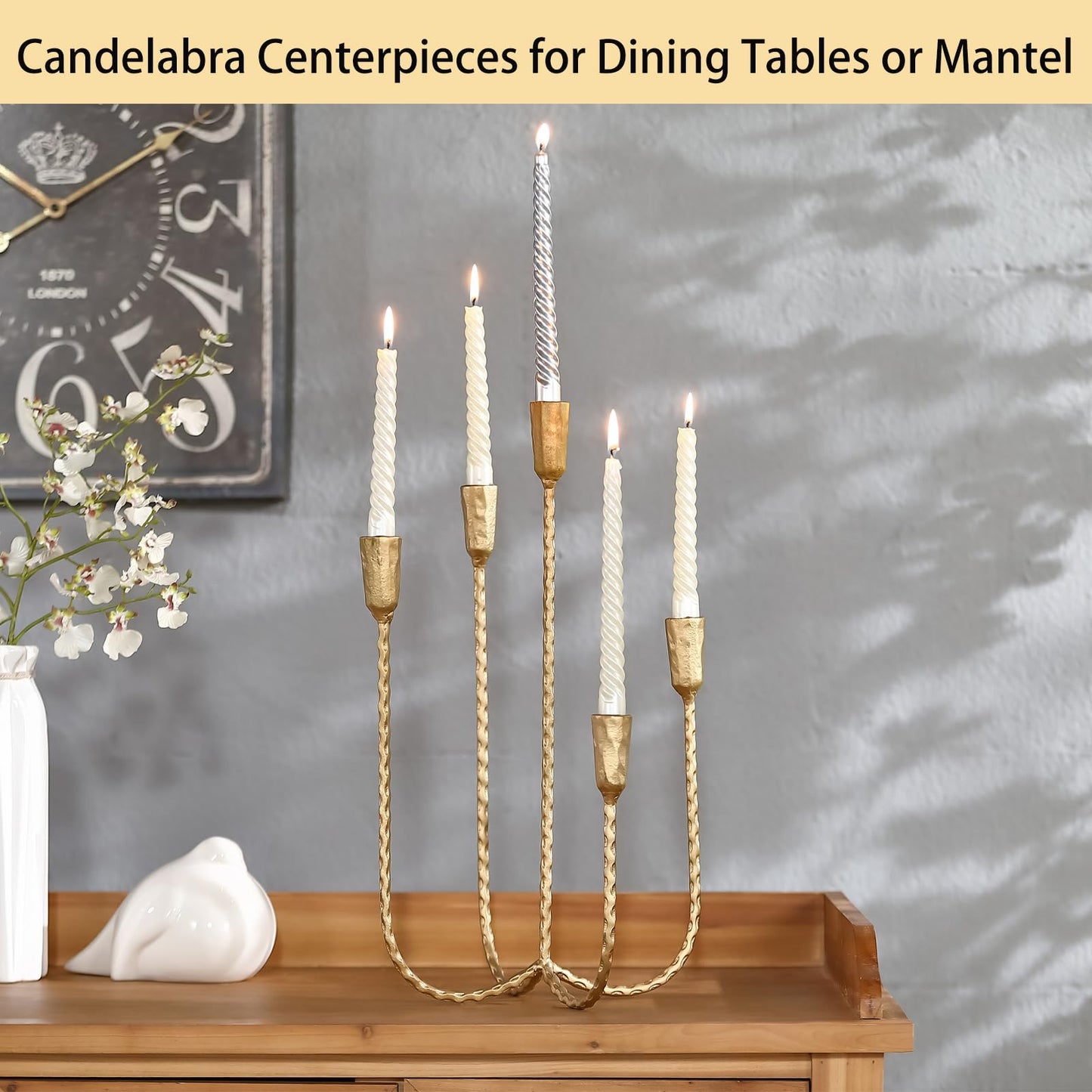 Cast Iron Candelabra Candle Holder, 17.5 Inch Tall Antique Brass Taper Candle Holder, Vintage Candelabra Centerpieces for Dining Tables or Mantel