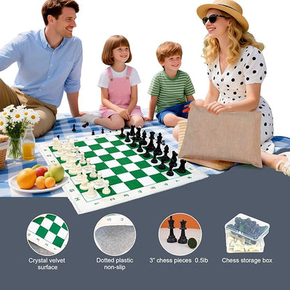 Chess Set with Green &amp White 19.7x19.7 Foldable Board 3 Non-Weighted Standard Pieces Portable Travel Chess Game for Kids &amp Beginners Classic Strategy Set with Storage Bag