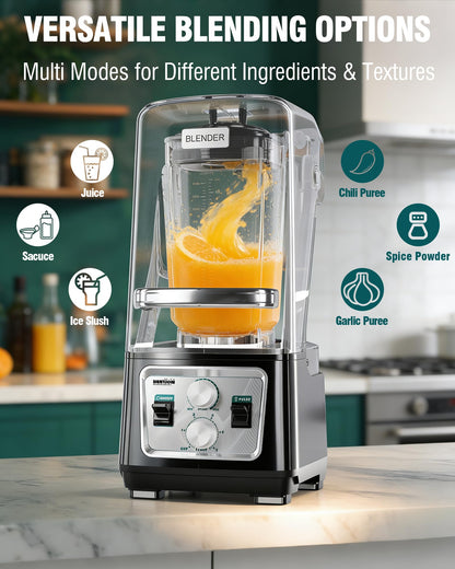 WantJoin Commercial Blender- 80Oz Quiet Shield Smoothie Blender, 1600W Professional Ice Crusher with 6 Blades & 15 Speeds, High-speed Ice Drink Maker for Restaurant Café Home, Dishwasher Safe
