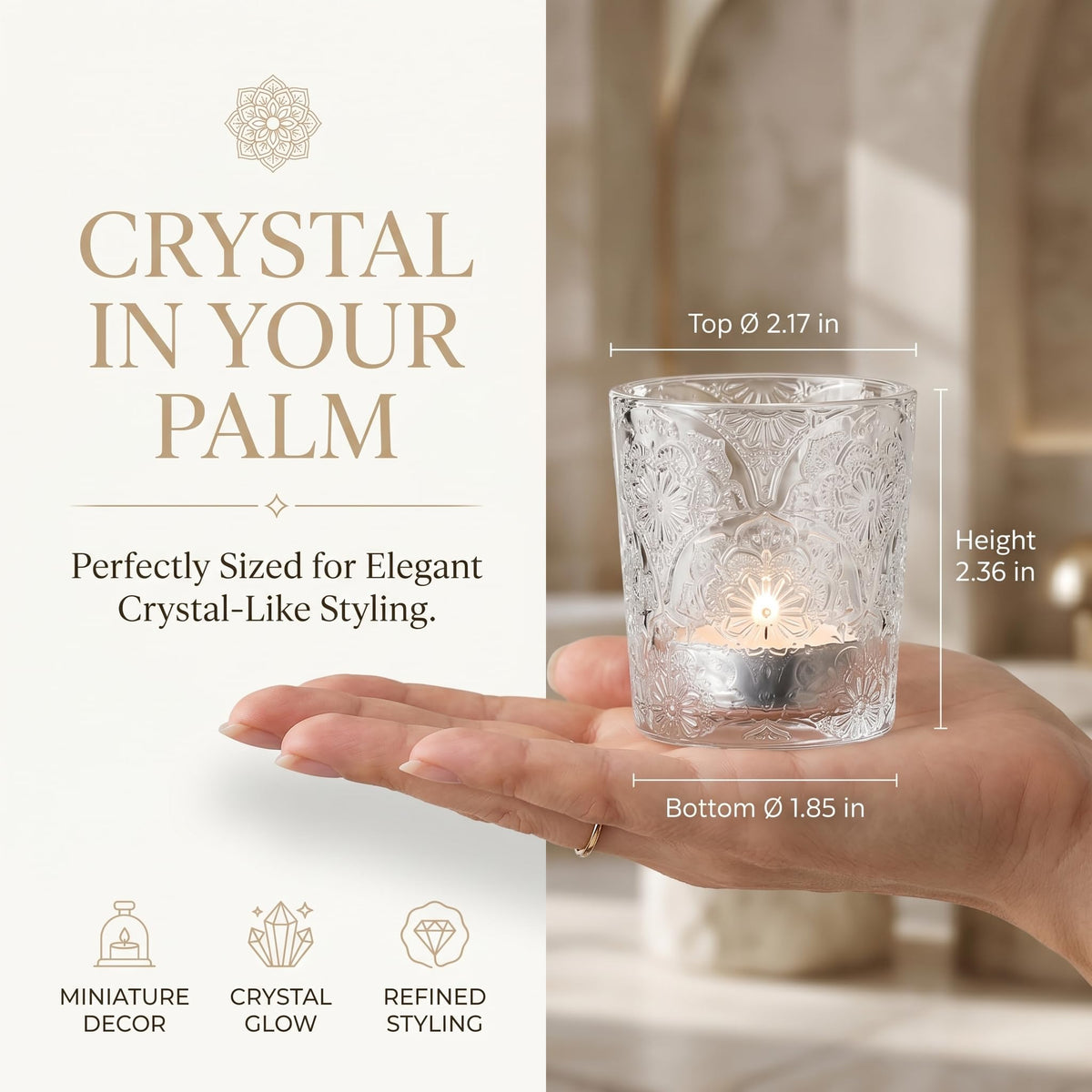 6 Pack Mandala Embossed Glass Candle Holders – Votive Tealight Holders with Patent Design, Decorative Embossed Glass Cups for Wedding Centerpieces, Parties, and Home Décor (Crystal Clear)