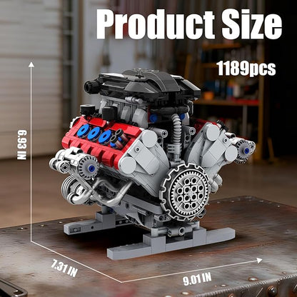 V8 Engine Building Set Model Kit for Adults Build Your Own MOC Mini V8 Engine Model Toy with Motor Display Home Office Decor Ideal Gift 1189PCS