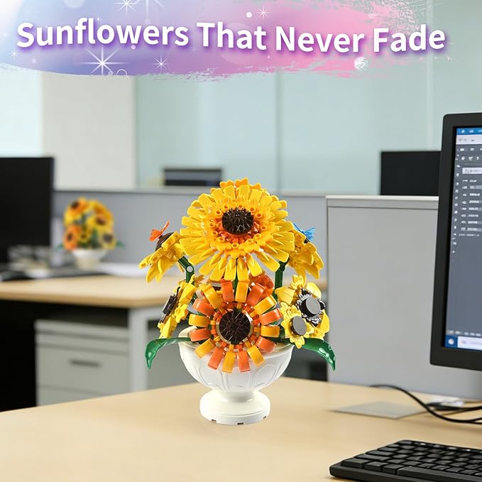 Sunflower Building Blocks for Adults 2-in-1 Botanical Flower Bouquet with Vase Van Gogh Inspired Sunflower Brick Set Decorative Flower Building Kit for Home Decor
