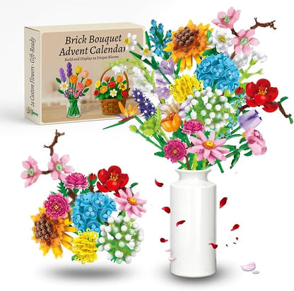 Flower Building Block Bouquet Kit for Women DIY Brick Flowers Craft Set with Adjustable Stems and Petals Creative Botanical Construction Toy for Desk Decoration Gift for Teens and Adults