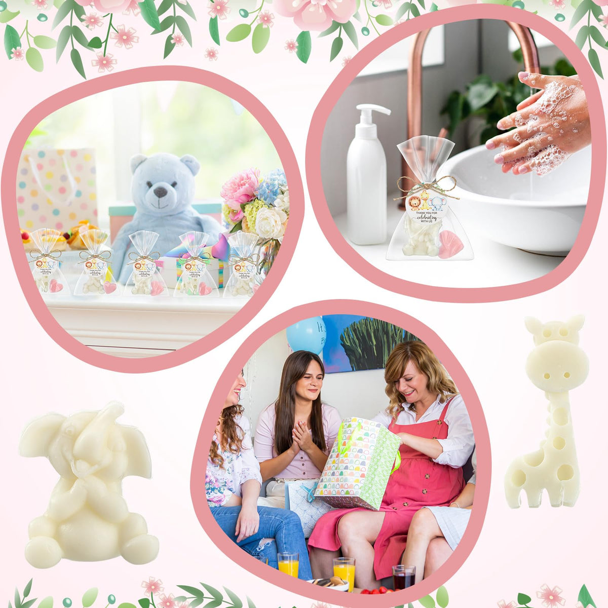 Demissle 20 Sets Safari Animal Baby Shower Soaps Favors for Guests Jungle Greeting Card Bath Gift for Birthday (Pink)