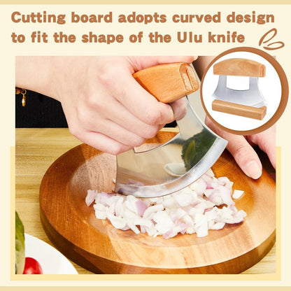 Sunnychicc 2 Pcs Mezzaluna Ulu Knife and Cutting Board Set Rocker Chopper Slicer Cutter with Stand Cutting Board Mezzaluna Chopper Alaskan Ulu Knife Kit for Onion Vegetable Mincing Tool(Wood)